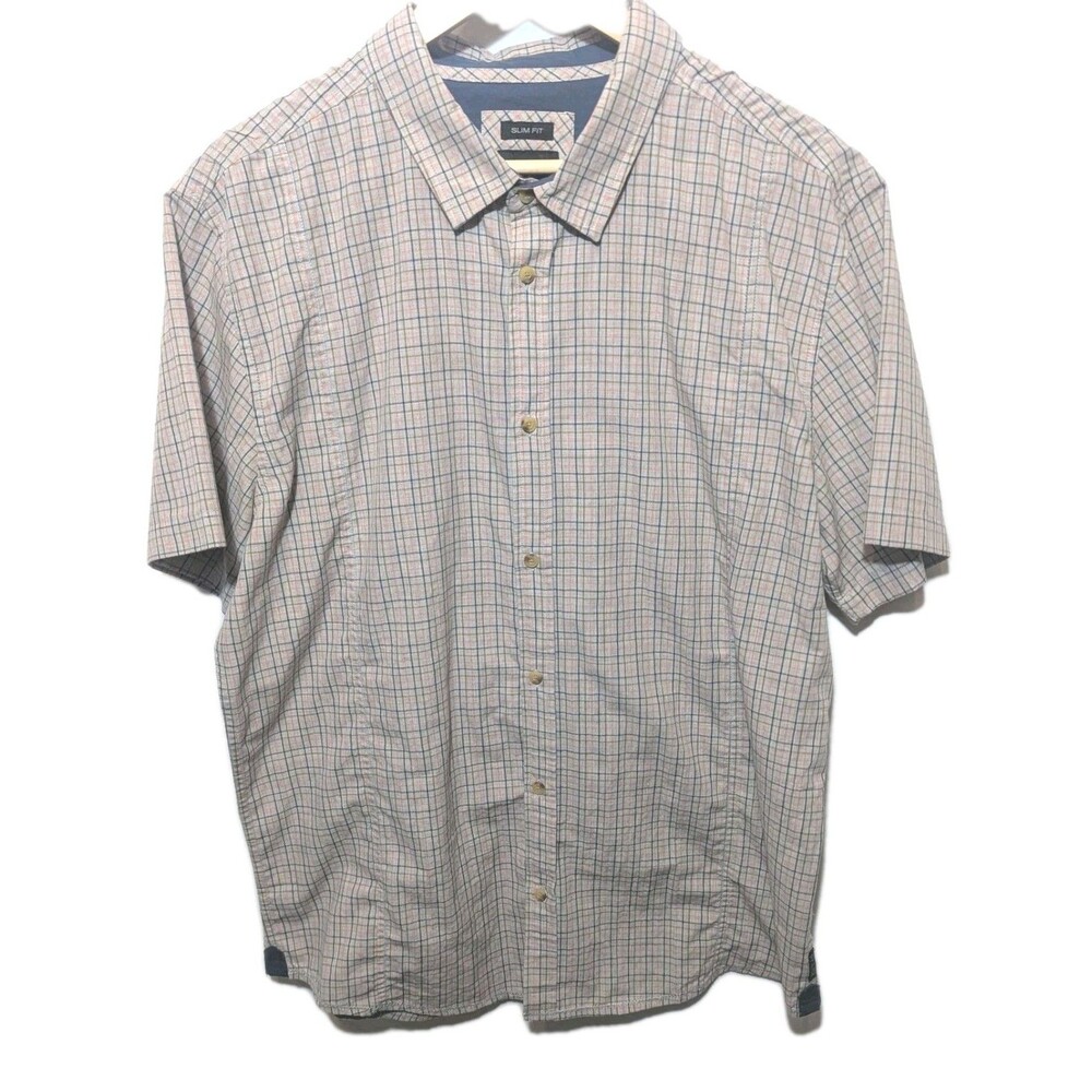 PrAna Shirt Mens XL Plaid Short Sleeve Button Up Outdoor Organic Cotton Slim Fit